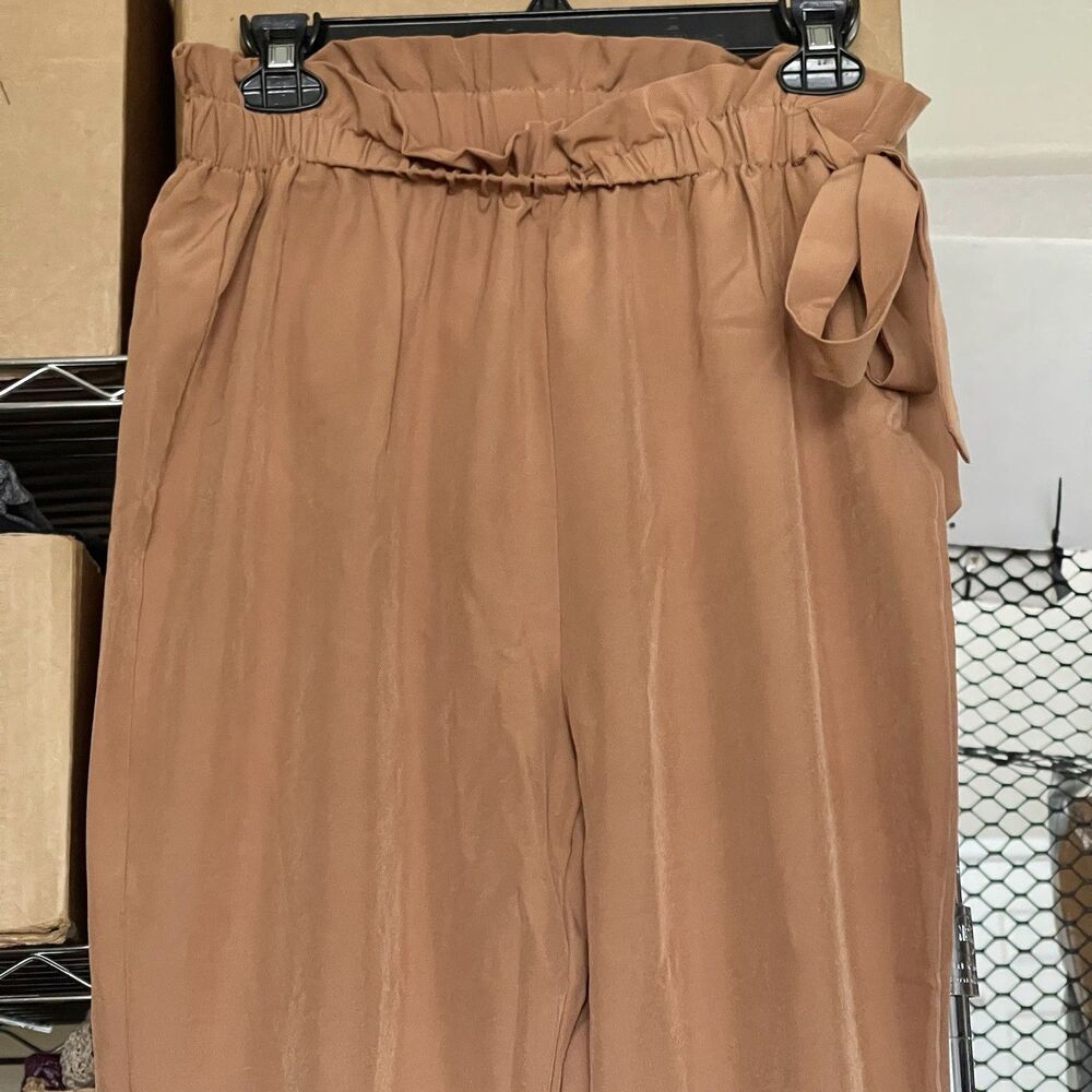 Shein Beige Paperbag Waist Jogger High Rise Pants Large Ruffle Hem Fall Winter - Picture 4 of 12